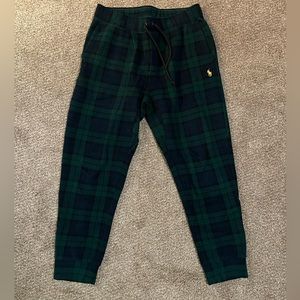 Men’s Polo Ralph Lauren fleece joggers, green holiday plaid print, size medium